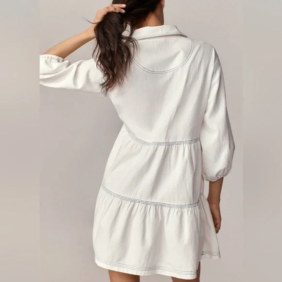 The Bettina Tiered Shirt Dress: Mini Edition in White & Blue 🩵 Bridal Era 🩵 - Picture 2 of 6